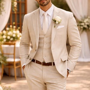 Men's Cream 3-Piece Linen Suit – Custom Tailored Summer Wedding Formal Wear