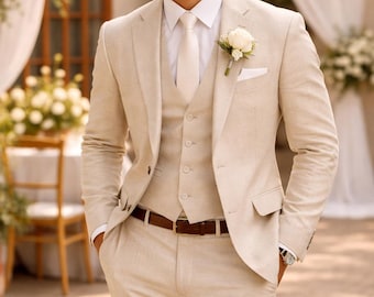 Traje de lino de 3 piezas color crema para hombre – Confección a medida para bodas de verano.