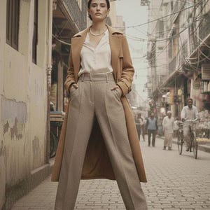 May include: A woman's fashion ensemble featuring a tan trench coat, a white blouse, and high-waisted, light-brown trousers. The outfit is completed with brown shoes and a pearl necklace. The background shows a city street.