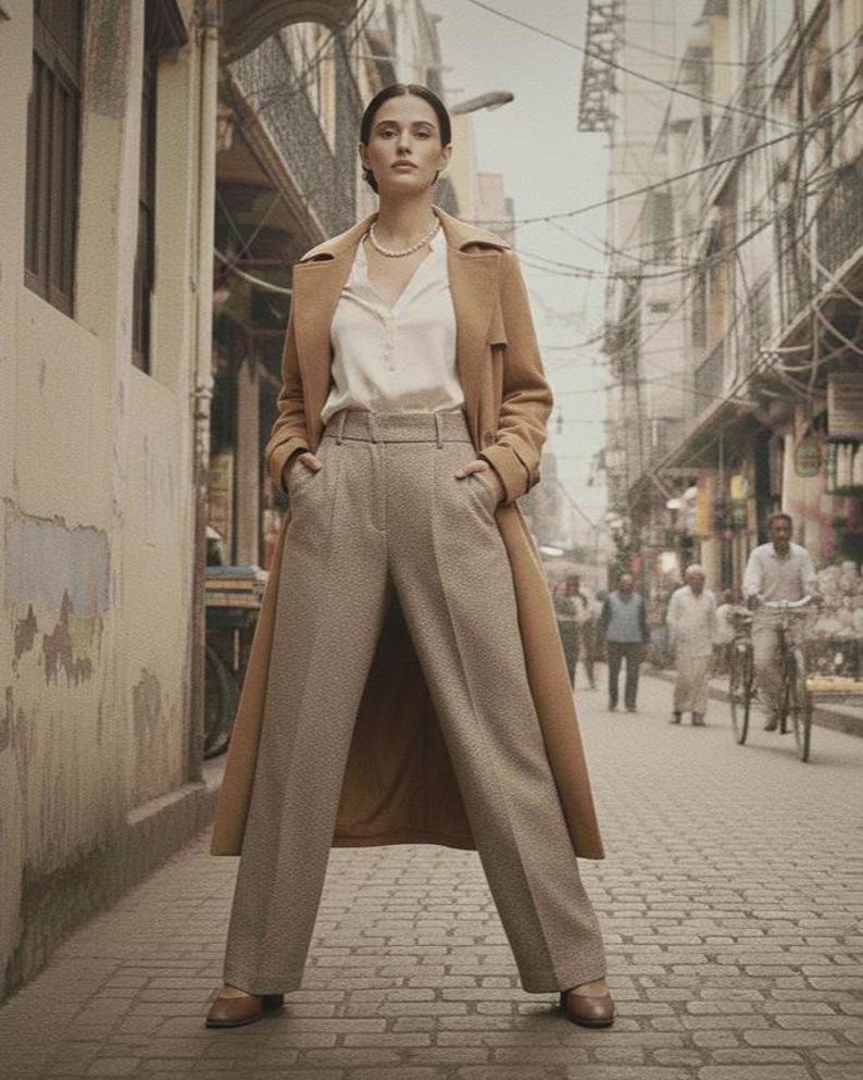 May include: A woman's fashion ensemble featuring a tan trench coat, a white blouse, and high-waisted, light-brown trousers. The outfit is completed with brown shoes and a pearl necklace. The background shows a city street.
