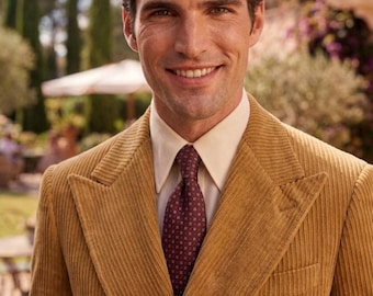 Traje marrón para hombre: blazer con costuras en contraste, pantalón, estilo clásico y formal.