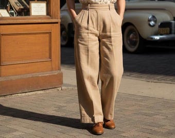 Vintage Style Outfit Set, High Waist Trousers, Printed Blouse