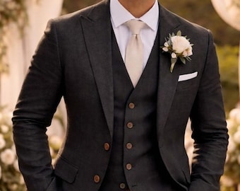Traje de tres piezas de lino negro para hombre – Corte ajustado, ideal para bodas y ocasiones formales.