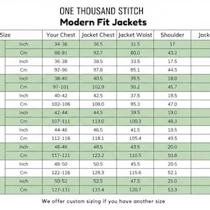 Puede incluir: Tabla de tallas para chaquetas Modern Fit de One Thousand Stitch. Incluye medidas de pecho, contorno de chaqueta, cintura, hombro y largo de chaqueta en cm y pulgadas, para tallas 34 (XS) a 50 (5XL).
