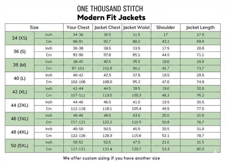 Puede incluir: Tabla de tallas para chaquetas Modern Fit de One Thousand Stitch. Incluye medidas de pecho, contorno de chaqueta, cintura, hombro y largo de chaqueta en cm y pulgadas, para tallas 34 (XS) a 50 (5XL).