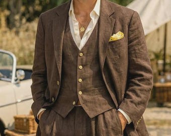 Traje de lino marrón de 3 piezas para hombre, estilo clásico de verano para novio, ideal para bodas en color chocolate.