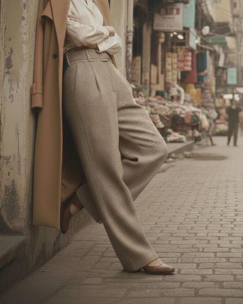May include: A person wearing a tan overcoat, white blouse, and light brown trousers. The person is leaning against a wall. Brown leather flats complete the outfit. The background shows a street scene.