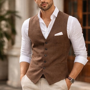 Gilet da uomo in lino, modello vintage con bottoni frontali, vestibilità slim, abbigliamento maschile tradizionale, formale estivo immagine 1