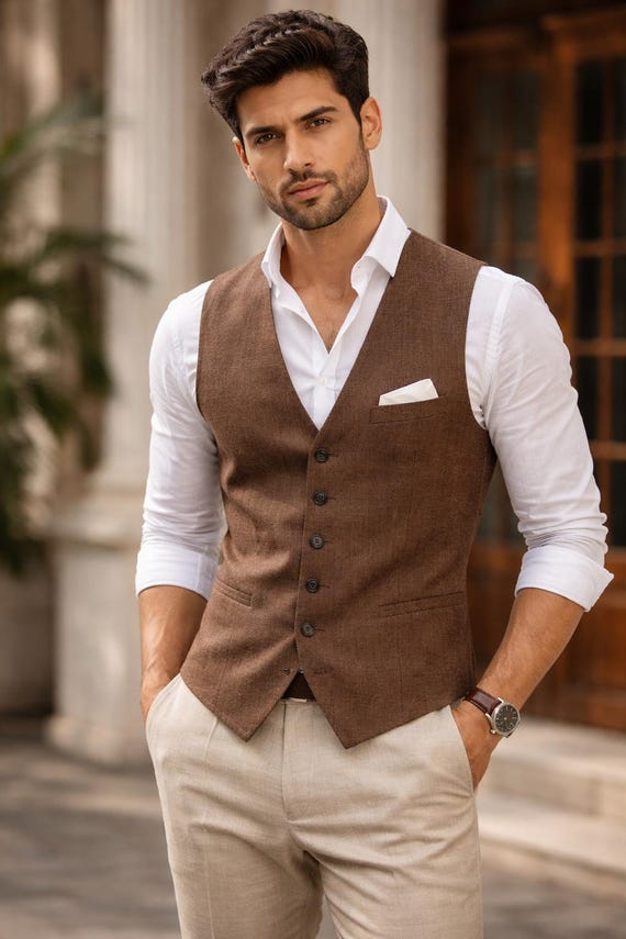 Linen Waistcoat Men, Vintage Button Front Vest, Slim Fit Heritage Menswear, Formal Summer