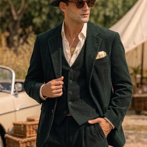 Men's Emerald Green Corduroy 3-Piece Suit – Heritage Blazer, Vest, Pleated Pants