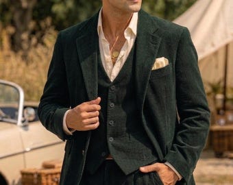 Men's Emerald Green Corduroy 3-Piece Suit – Heritage Blazer, Vest, Pleated Pants