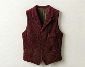 Gilet da uomo in velluto a coste bordeaux / Gilet vintage senza maniche / Gilet formale casual fatto a mano