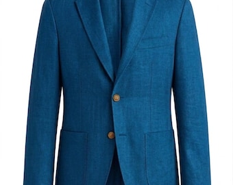 Blazer de lino 100% para hombre, color verde azulado mediterráneo – Confección costera, corte europeo.
