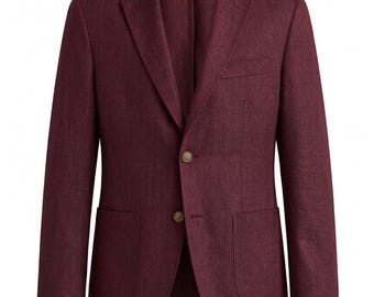 Blazer de lino burdeos para hombre – Corte entallado, dos botones, bolsillos de parche