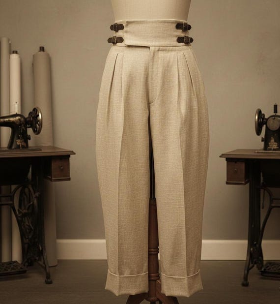 Men Beige High Waist Trousers, Vintage Tailored Pants, Pleated