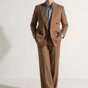 Men's Brown Linen Double Breasted Suit, 1940s Style Wide Leg Trousers Blazer