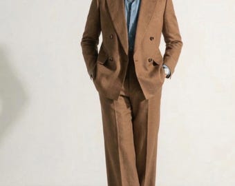 Traje cruzado de lino marrón para hombre, blazer con pantalón de pierna ancha estilo años 40.