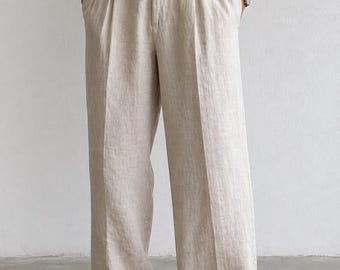 Men’s High-Waisted Pleated Linen Trousers – Sand Ivory Edition