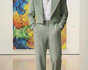 Traje corto de algodón verde salvia / Blazer y pantalones modernos a medida