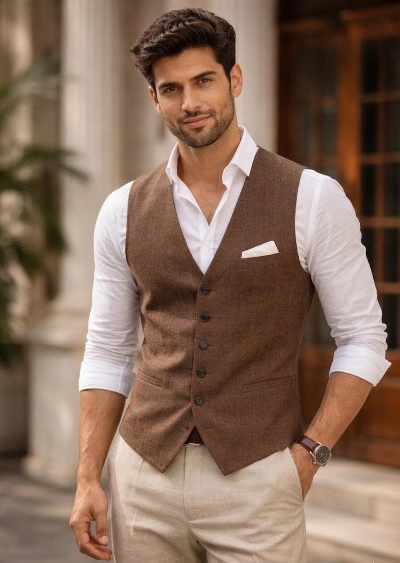 Gilet da uomo in lino, modello vintage con bottoni frontali, vestibilità slim, abbigliamento maschile tradizionale, formale estivo immagine 4
