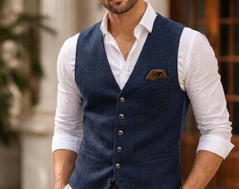 Chaleco de lino azul marino con estampado de espiga, chaleco de corte ajustado para hombre.