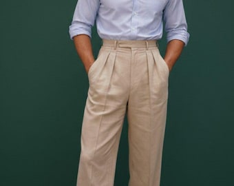 Pantalon large taille haute plissé beige homme, pantalon formel rétro classique