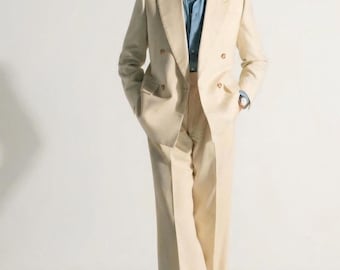 Traje de lino amarillo pastel para hombre, blazer cruzado vintage, pantalón de pierna ancha.