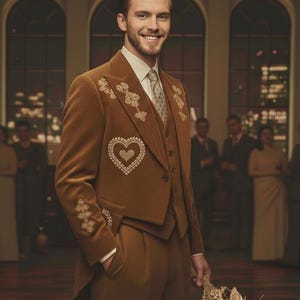 Embroidery Designer 3 Pcs Suit, Vintage Embroidered Groom Wedding , Brown Royal Heritage