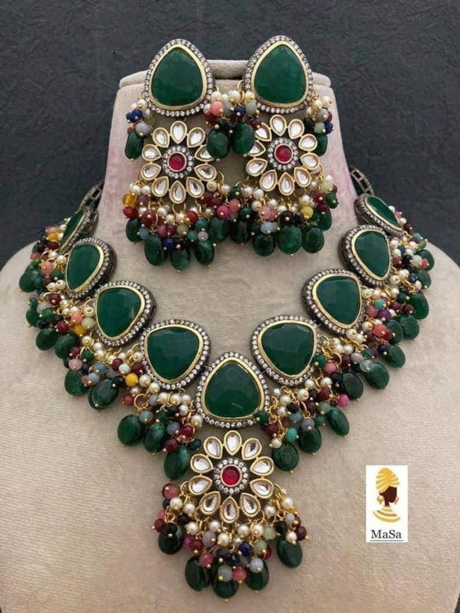 Emerald Kundan Choker Necklace: Hand Painted Meenakari Indian Jewelry