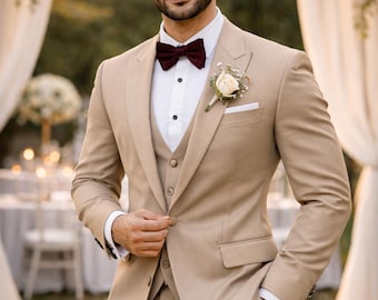 Traje de boda de tres piezas para hombre en algodón color terracota salvia: blazer, chaleco y pantalón de estilo vintage de la alta sociedad.