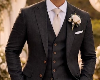 Traje de lino negro de 3 piezas – Corte ajustado, ideal para bodas y ocasiones formales.