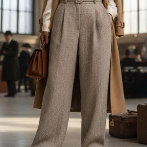 May include: A woman wearing a tan herringbone pattern high-waisted trousers with a matching belt. The outfit includes a tan overcoat, a white blouse, and brown leather shoes. A brown leather handbag is held in the left hand.