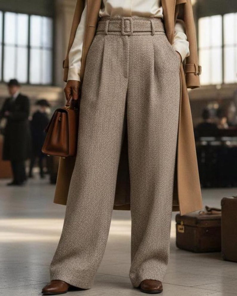 May include: A woman wearing a tan herringbone pattern high-waisted trousers with a matching belt. The outfit includes a tan overcoat, a white blouse, and brown leather shoes. A brown leather handbag is held in the left hand.