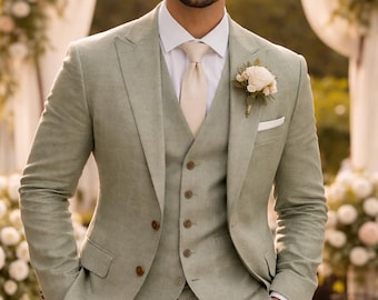 Traje de lino verde salvia de 3 piezas – Corte ajustado, ideal para bodas y para el novio. Transpirable.