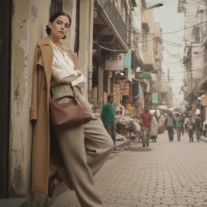 May include: A woman wearing a tan trench coat, white blouse, and tweed trousers, leaning against a wall. She carries a brown handbag and wears brown flats. The background shows a bustling street scene with shops and pedestrians.