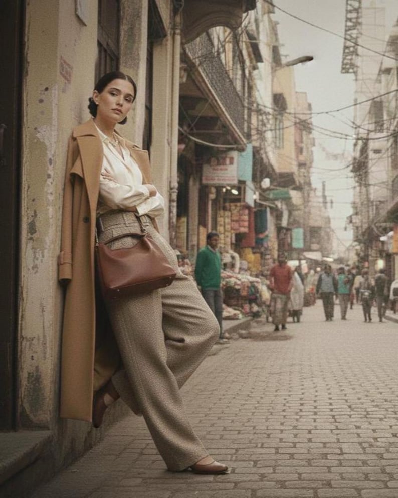 May include: A woman wearing a tan trench coat, white blouse, and tweed trousers, leaning against a wall. She carries a brown handbag and wears brown flats. The background shows a bustling street scene with shops and pedestrians.