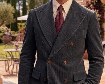 Traje de hombre de 3 piezas de pana azul verdoso: blazer, chaleco y pantalón de estilo clásico.