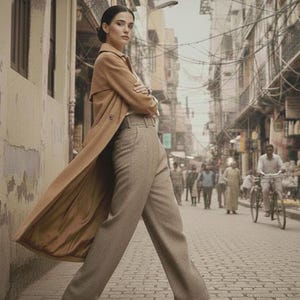 May include: A woman wearing a tan trench coat and high-waisted, wide-leg trousers walks down a cobblestone street. The coat is open, revealing a white top. The background shows a bustling street scene with buildings and people.