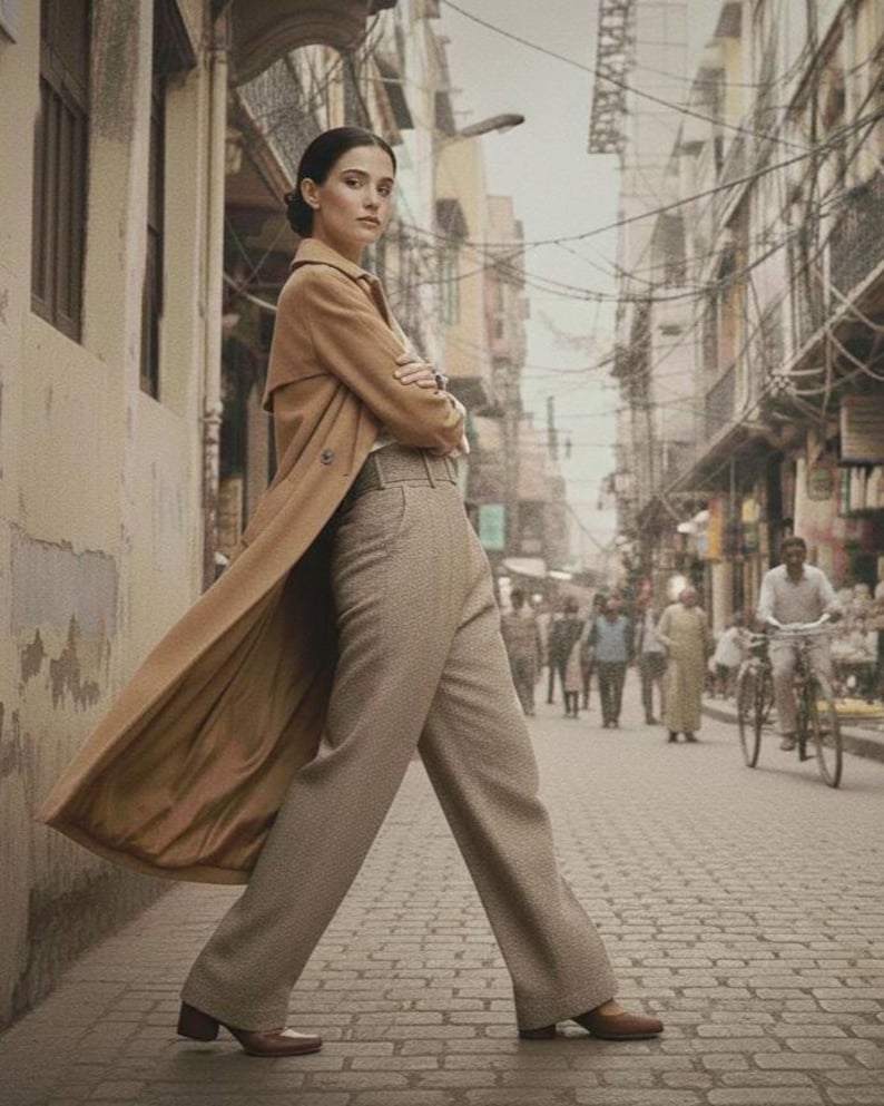 May include: A woman wearing a tan trench coat and high-waisted, wide-leg trousers walks down a cobblestone street. The coat is open, revealing a white top. The background shows a bustling street scene with buildings and people.