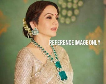 Nita Ambani necklace Bollywood style partywear necklace long necklace Diamond jewellery Indian jewellery long necklace Rani haar green set