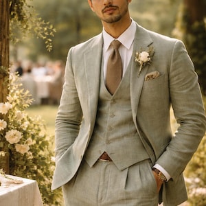 Men's Linen 3-Piece Suit – Vintage Old Money Style Blazer, Vest, Trousers