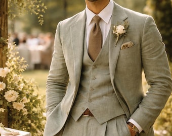 Traje de lino de 3 piezas para hombre: blazer, chaleco y pantalón de estilo clásico y elegante.