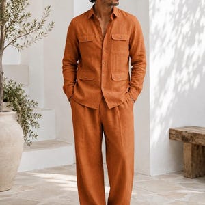 Men Linen Co-ord Set, Terracotta Safari Shirt and Trousers