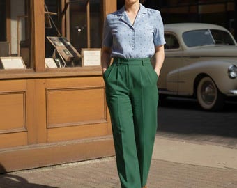 High Waist Green Trousers, Vintage Style Wide Leg Slacks