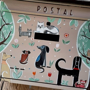 Cuadro personalizado Gatos y perros, buzón pintado a mano, buzón artístico, buzón grande, buzón artístico