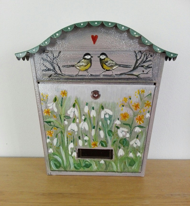 cadeaux original,artist custom gift flowers and birds home decor snowdrop,floral painting unique gifts Painted mailbox