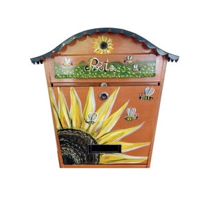 Geschenke, Hausgeschenke, Landhaus Briefkasten, Bienen, Sonnenblumen, florale Malereiunique Geschenk, Kunst Briefkasten