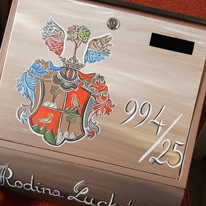 Custom mailbox, art mailbox, hand painted, family coat of arms