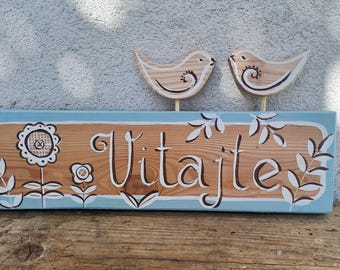 Placa de boas-vindas de madeira, feita à mão, decoração rústica personalizada, pássaros.