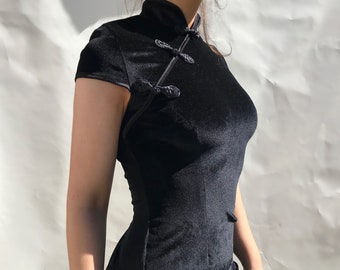 Black minimalist Cheongsam/Qipao velvet mini dress / velour / bodycon / oriental / slip / side slit /  high neck collar / 90s y2k style
